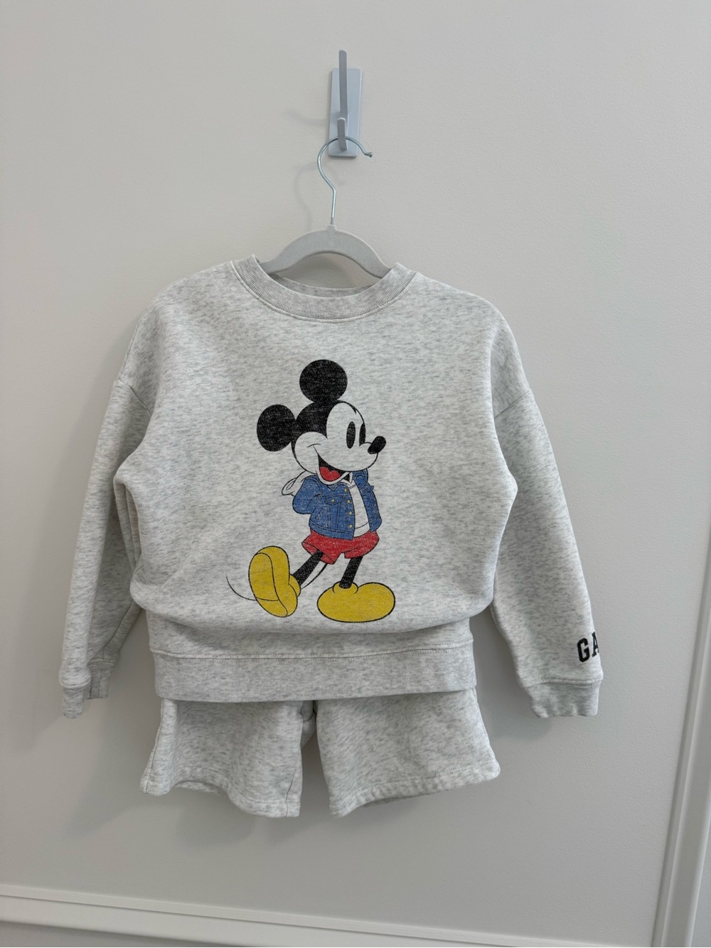 Disney x GAP Gray Mickey Mouse Sweatshirt & Shorts Set with Yellow & Red Accents